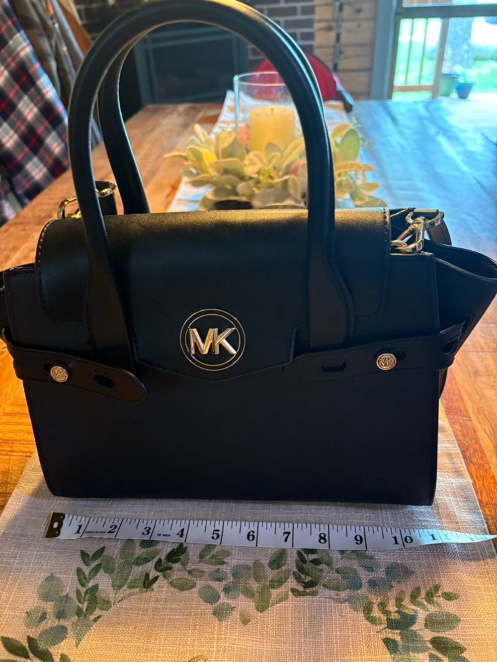 Michael Kors Black Leather Satchel with Gold MK Emblem
